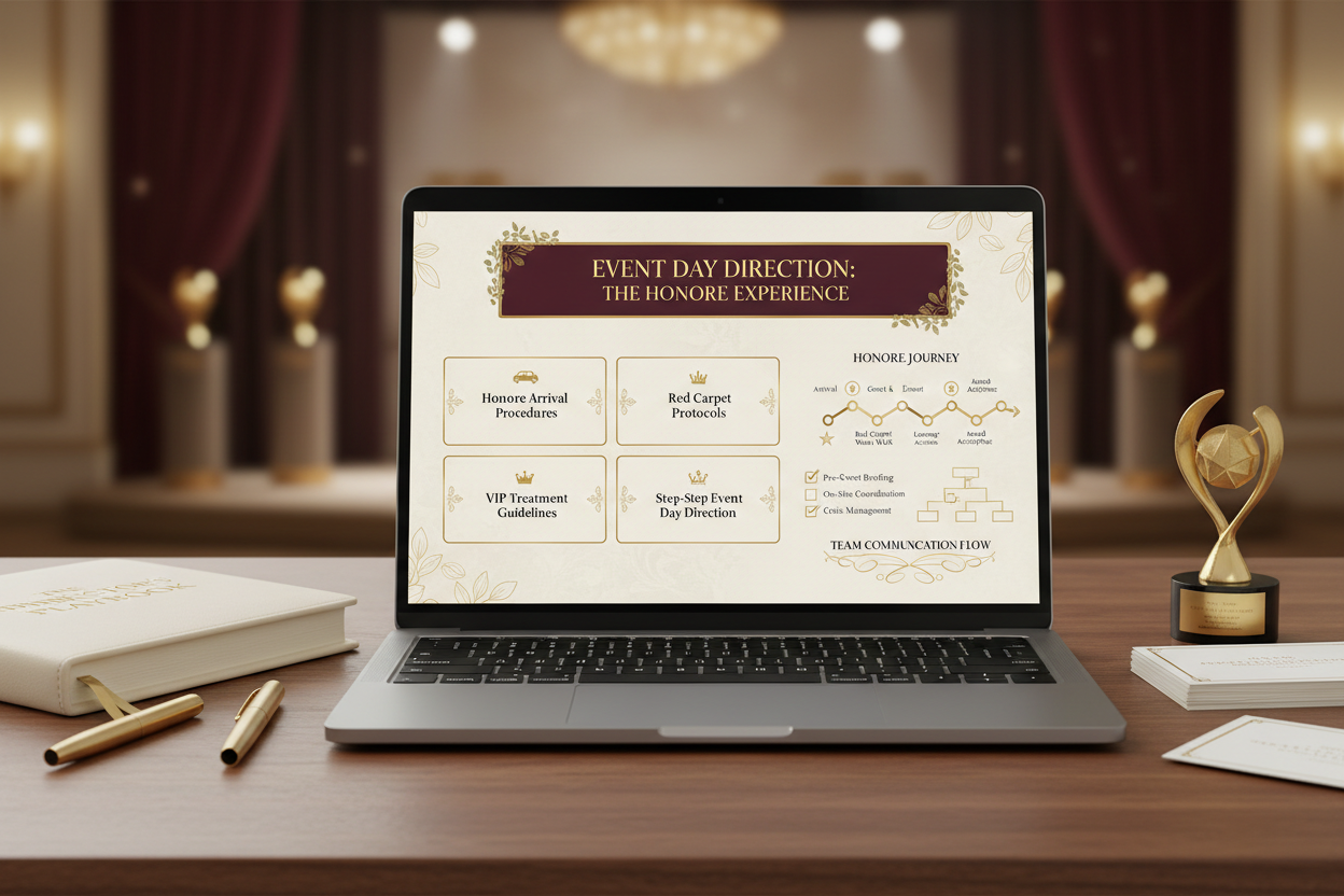 a picture that depicts the following digital course / product: Event Day Direction (The Honoree Experience) it's for an event planner site