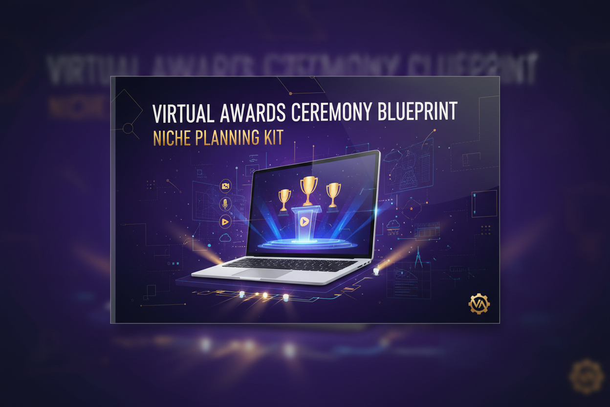 Virtual Awards Ceremony Blueprint Niche Planning Kit. A specialized digital guide covering the technical and creative considerations for flawless, engaging virtual and hybrid awards events (platform suggestions, speaker lighting tips, virtual award transition scripts).