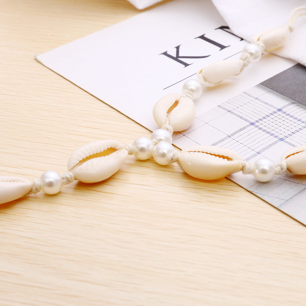 Ethnic Style Handmade Shell Pearl With Finger Anklet Women Simple Beach Braided Footwear Women