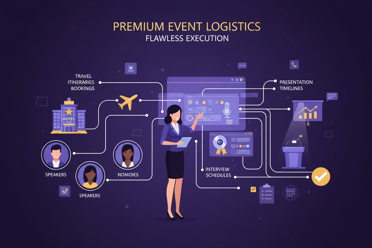 Nominee & Speaker Logistics Manager	A La Carte Add-On Service. Dedicated management of all nominee and guest speaker travel, accommodations, pre-event interviews, and presentation scheduling to ensure a flawless honoree experience. (Charged per event).