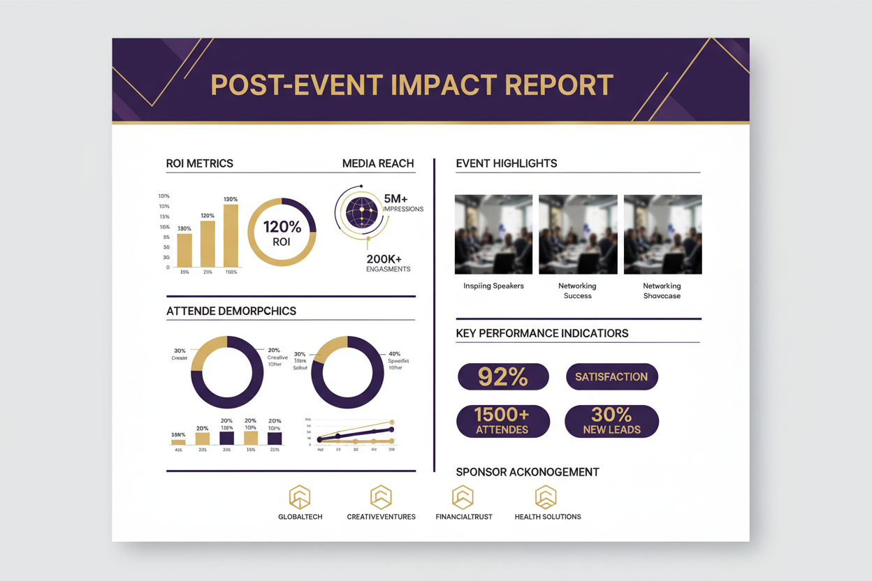 Post-Event Impact Report Design	Design Service. Creation of a professional, custom-designed report (PDF) for sponsors and stakeholders, detailing ROI, media reach, attendee demographics, and key highlights. (Leverages your Graphic Design skills).